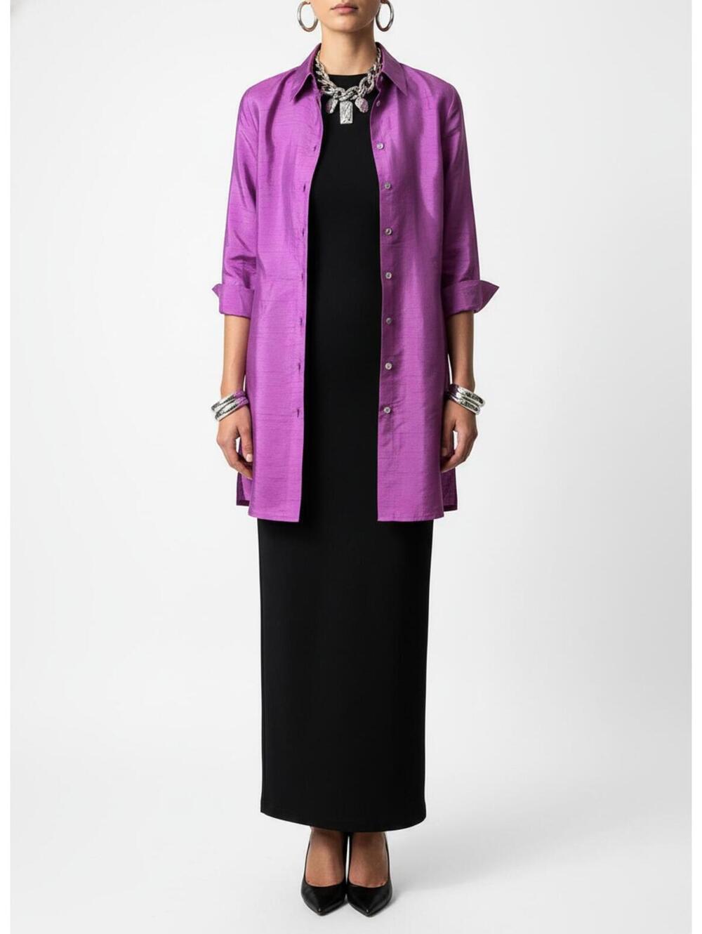 Anne Carson 100% Silk Fuchsia Long Line Duster Topper BarbieCore Size Medium